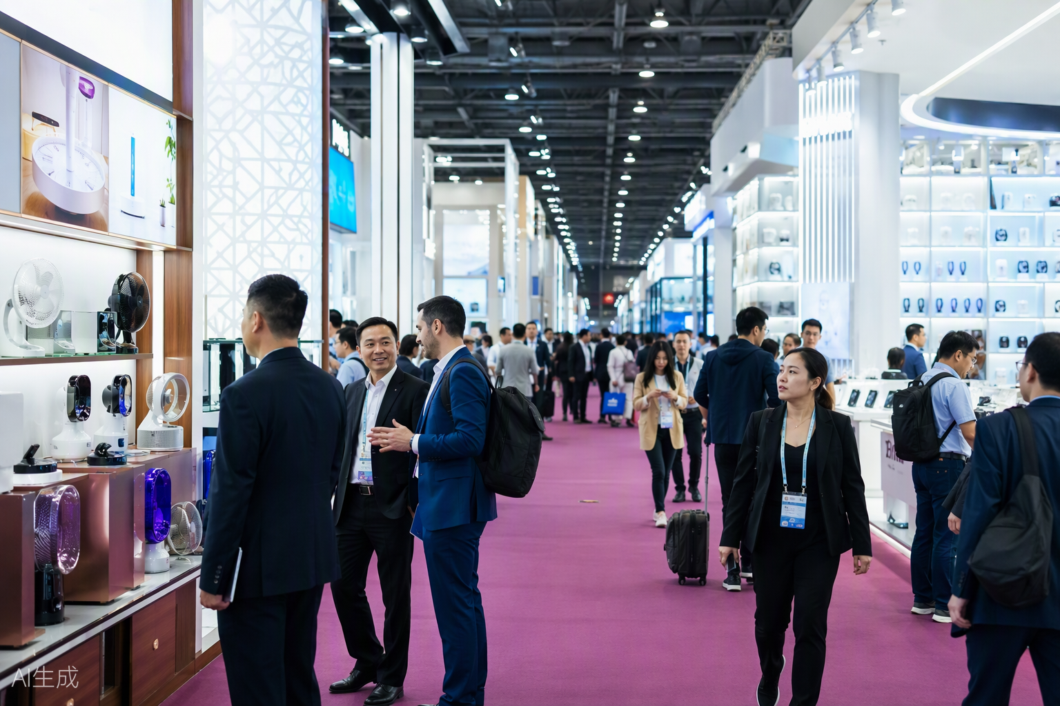 Visita a ferias comerciales en China: representantes de negocios recorriendo stands de proveedores en una exhibición internacional