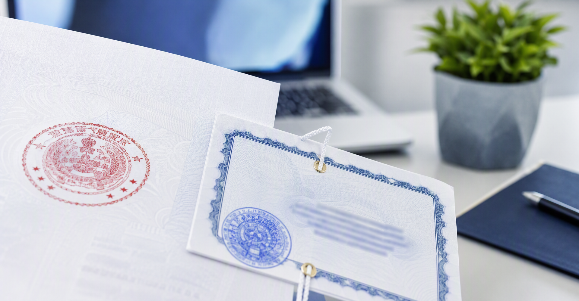 Documento chino con apostilla y sello oficial sobre un escritorio, preparado para usar en otro país