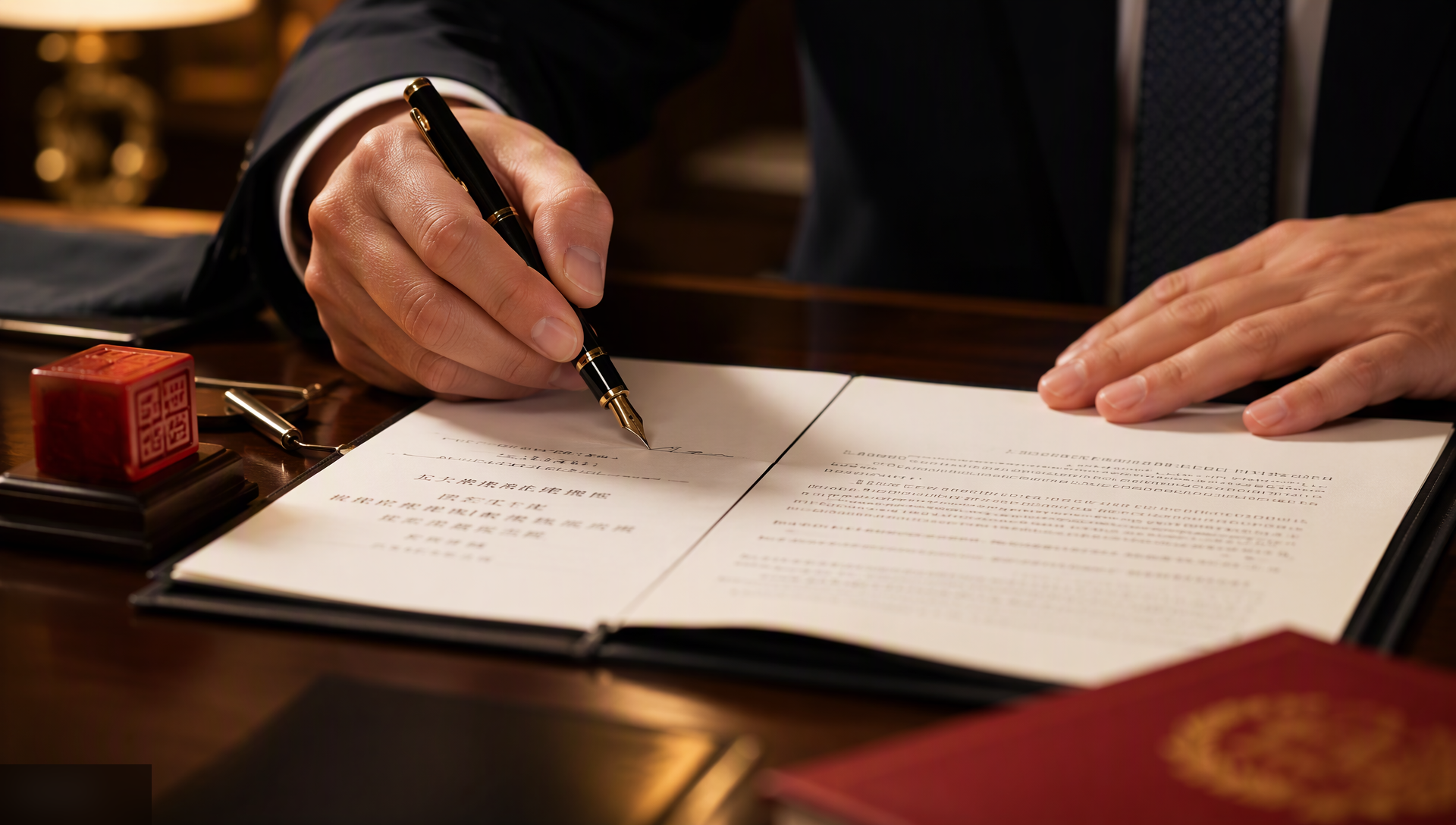 Manos firmando un contrato comercial bilingüe junto a un sello de empresa china
