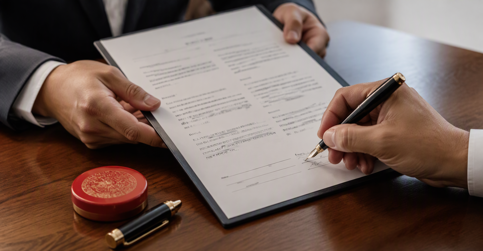 Firma de un contrato bilingüe con un proveedor chino junto al sello rojo oficial de la empresa