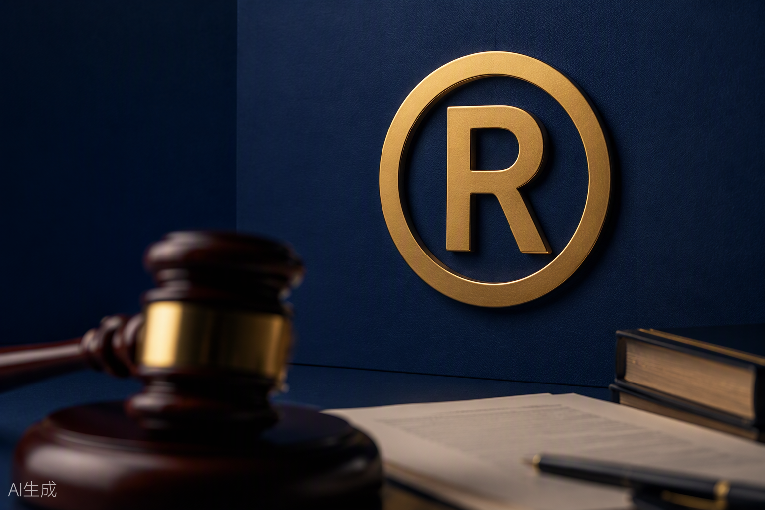 Registro de marcas en China: símbolo de marca registrada dorado junto a mazo de juez y documentos legales